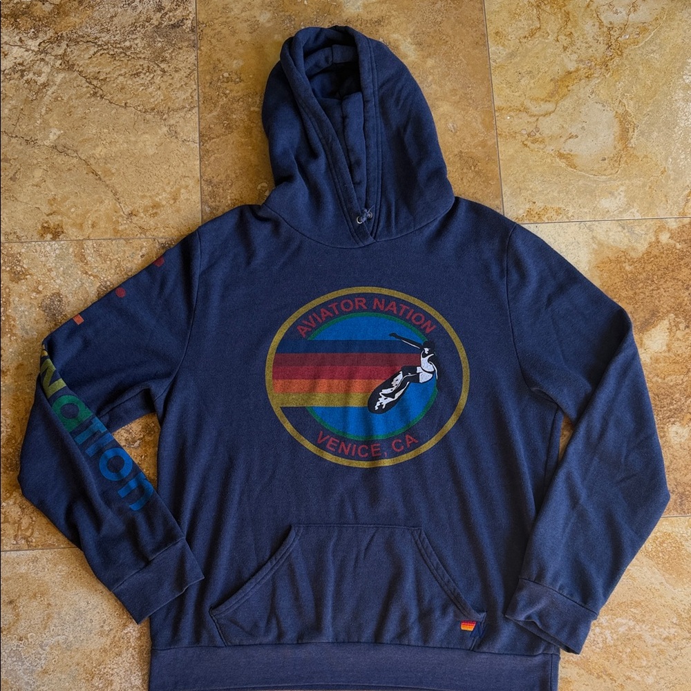 Aviator Nation Blue Hoodie with Multicolor Logo